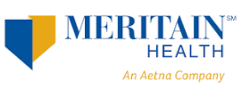 Meritain Health logo featuring a blue and gold geometric shield design, with the text MERITAIN HEALTH in blue and An Aetna Company in gold below.